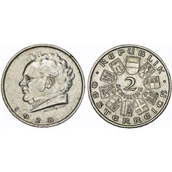 Austrian Republic. (1919-1939) AR 2 Schillings 1928. "100th anniversary of Death of Schubert. AU.