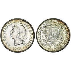 Dominicana. Republic. Comemorative  AR 25 Centavos 1963. BU, toned.