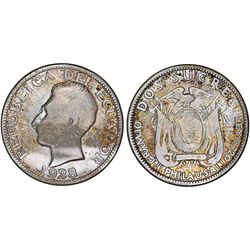 Ecuador. Republic. AR 2 Sucres 1928. AVF, toned