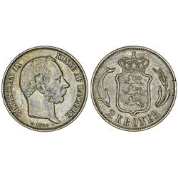Denmark. Christian IX (1863-1907). Silver 2 Kroners 1876. Choice XF/AU