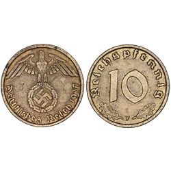 Germany. Third Reich. 10 Pfennig 1937G. (Swastika.) XF