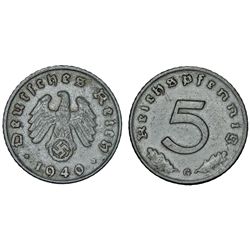 Germany. Third Reich. 5 Reichsfenning 1939 G (Swastika) VF.