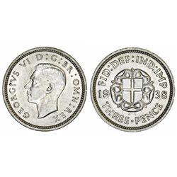 Great Britain. King George VI (1937-1952) Silver 3 Pence 1938. UNC