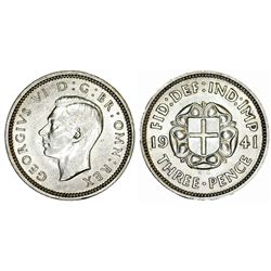 Great Britain. King George VI (1937-1952) Silver 3 Pence 1941. UNC