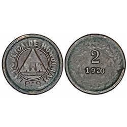Honduras. Republic. AE 2 Centavos 1920. Fine, Scarce