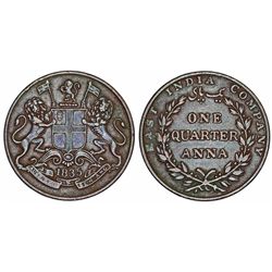 British East India Company. William III (1835-1840). AE 1/4 Anna 1835. Choice XF