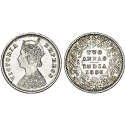 India. Queen Victoria. AR 2 Annas 1886. AXF