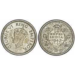 India. George VI (1936-1952). Silver 1/4 Rupee 1943B. AU