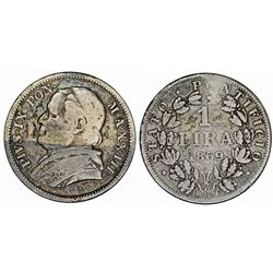 Italy. Vatican City. Pope Pius IX (1846-1878). Silver 1 Lira 1869R (year XXIV). AVF