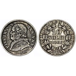 Italy. Vatican City. Pope Pius IX (1846-1878). AR 10 Soldi 1868 R. (year XXII). AVF
