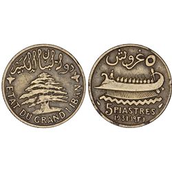 Liban. French Administration. AE 5 Piastres 1931 A. XF, Scarce