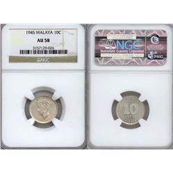 Malaya & Borneo. King George VI. AR 10 Cent 1945. NGC AU58