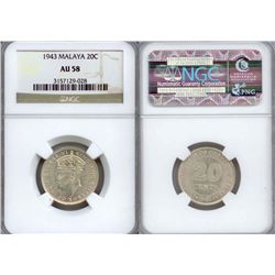 Malaya & Borneo. King George VI. AR 20 Cent 1943. NGC AU58