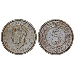 Mauritius. British Rule. AE Large 5 Cents 1945. Choice VF.