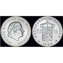 Netherlands Antilies-Curacao. Queen Wilhelmina (1890-1948). AR 2 1/2 Gulden 1944 D. Choice UNC.