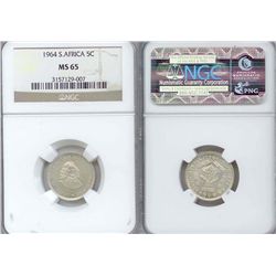 South Africa. Silver 5 Cents 1964. NGC MS65