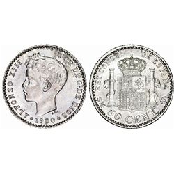 Spain. Alfonso XIII (1886-1931). AR 50 Centavos 1900. Choice AU,