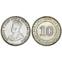 Straits Settlements. King George V. AR 10 Cents 1927. Choice Xf/AU
