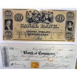 2 old time currency pieces: Bank of Commerrce check dated 1864