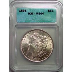 1891 MORGAN DOLLAR ICG MS-64 NICE!
