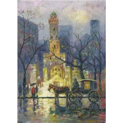 MWF1383U 5x7 Oil on Board Depiciting Evening Street Sca