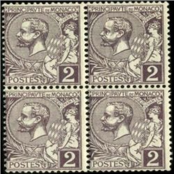 1891 Monaco 2c Prince Albert Block of 4 Variety (STM-0514)