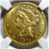 Image 2 : 1879-S $5 LIBERTY GOLD COIN NGC MS-61 RARE!