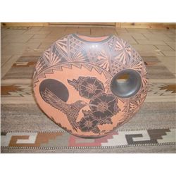 Pottery, Native American, etched Signed; M & R Romero.  Acoma, N.M.