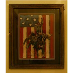 Bull rider with American Flag backdrop Limited edition, signed, framed and matted print by locally r