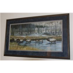Elk crossing stream Print, framed and matted.