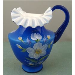 Fenton Cobalt Blue Overlay Pitcher Hand Painted, Signed