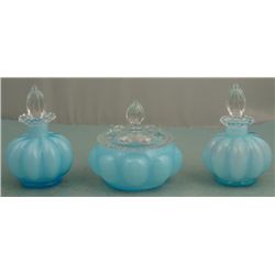 Fenton Glass 3 Pc Blue Overlay Melon Vanity Set 1943