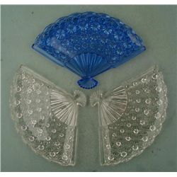 3 Fenton Crystal Button & Diamond Fan Dish Trays Blue