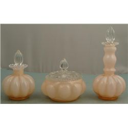 Fenton Glass 3 Pc Rose Melon Vanity Set 1940s