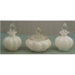 Fenton Glass 3 Pc White Melon Vanity Set 1940s