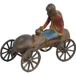 Antique Cast-Iron Figural Monkey & Coconut Bell Toy Car