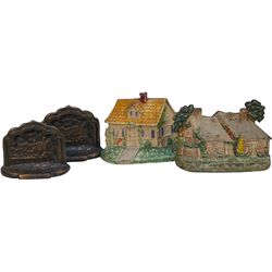 Lot Of 2 Pairs Cast-Iron Figural House Book Ends