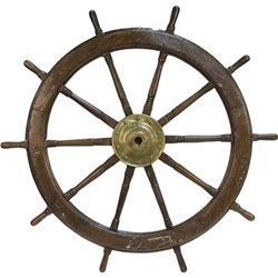 Large Wood & Brass Ship's Steering Wheel