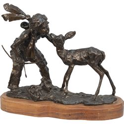 Bronze Figural Little Indian Boy w/ Deer Statue