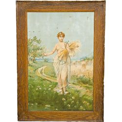 Half Nude Lady In Wheat Field Self Framed Tin Sign