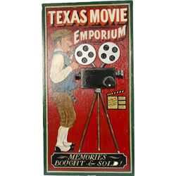 Hand-Painted Texas Movie Emporium Camera Wood Plaque -