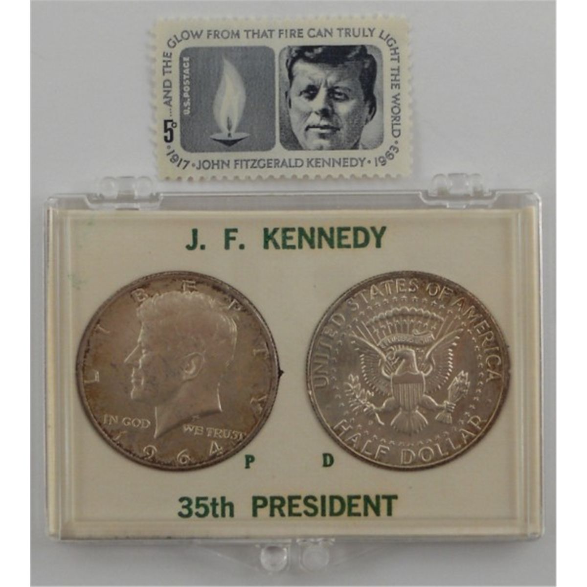 1964 Kennedy Half Dollars 1 P and 1 D and a Kennedy Stamp