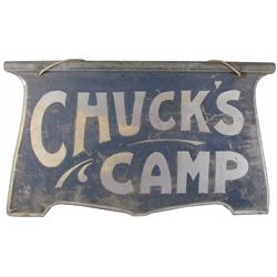 Very Early Tin Die Cut Sand Sign for Chuck's Camp