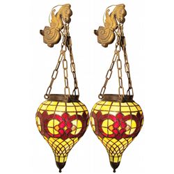 Pair of Leaded Glass Apothecary Hanging Lamps