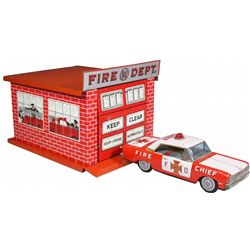 Tin Litho Toy Firehouse & Chiefs Car