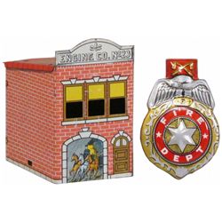 Fire Candy Container & Tin Toy Fire Badge Clicker