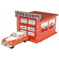 Cortland Tin Fire Station and Chief Car Toy