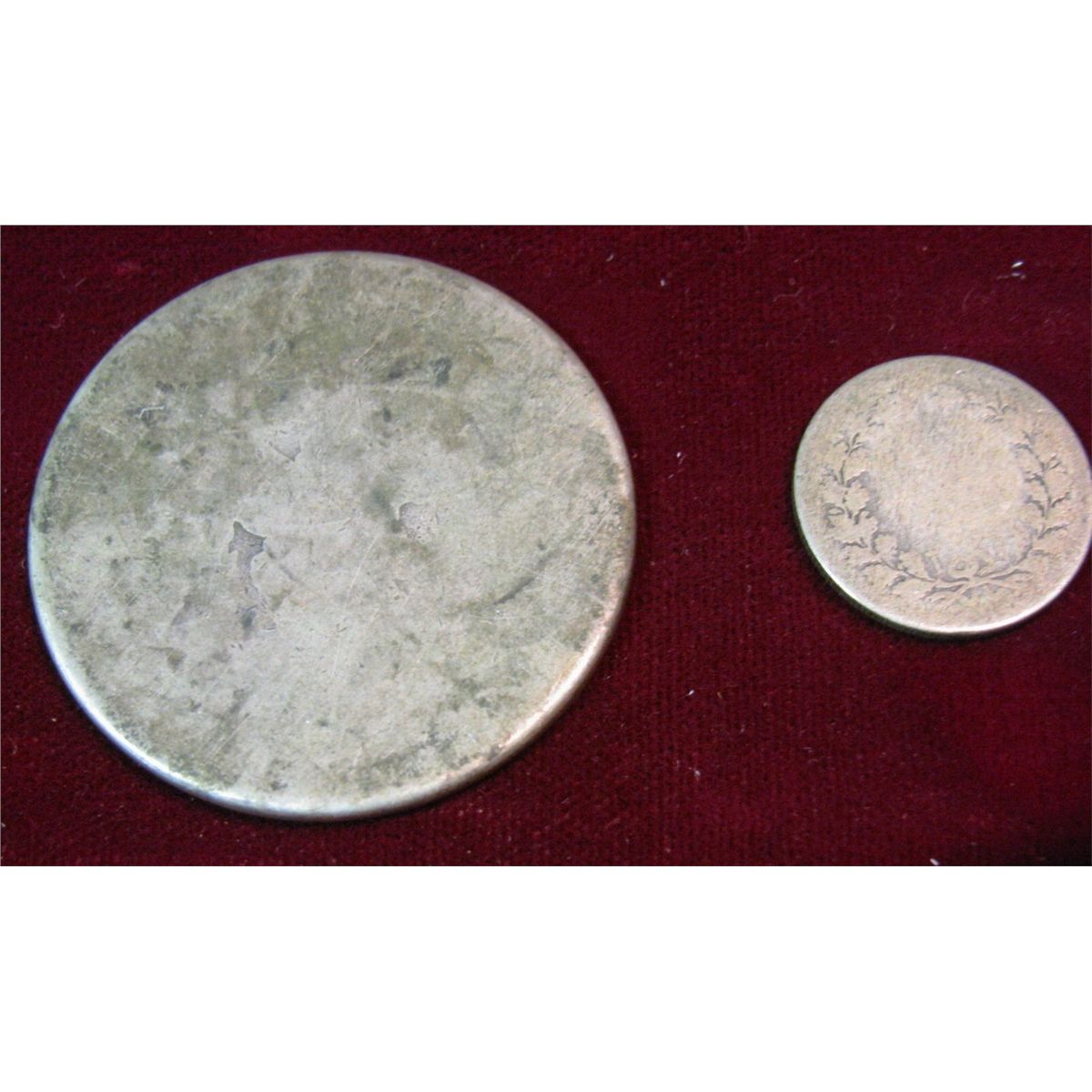 1361. Large Silver Dollar Size and Dime Size Silver Foreign Coins too