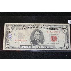 1963 United States Note $5, Red Seal, #A47468734A