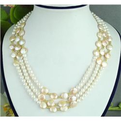 ELEGANT THREE STRANDS WHITE PEARL & COIN PEARL NECKLACE